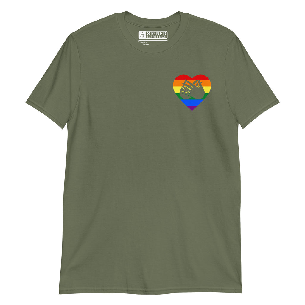 Military green coloured T-Shirt showing a pride coloured heart and the iconic BSL Love sign embedded in it on the left side of the chest
