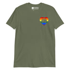 Military green coloured T-Shirt showing a pride coloured heart and the iconic BSL Love sign embedded in it on the left side of the chest