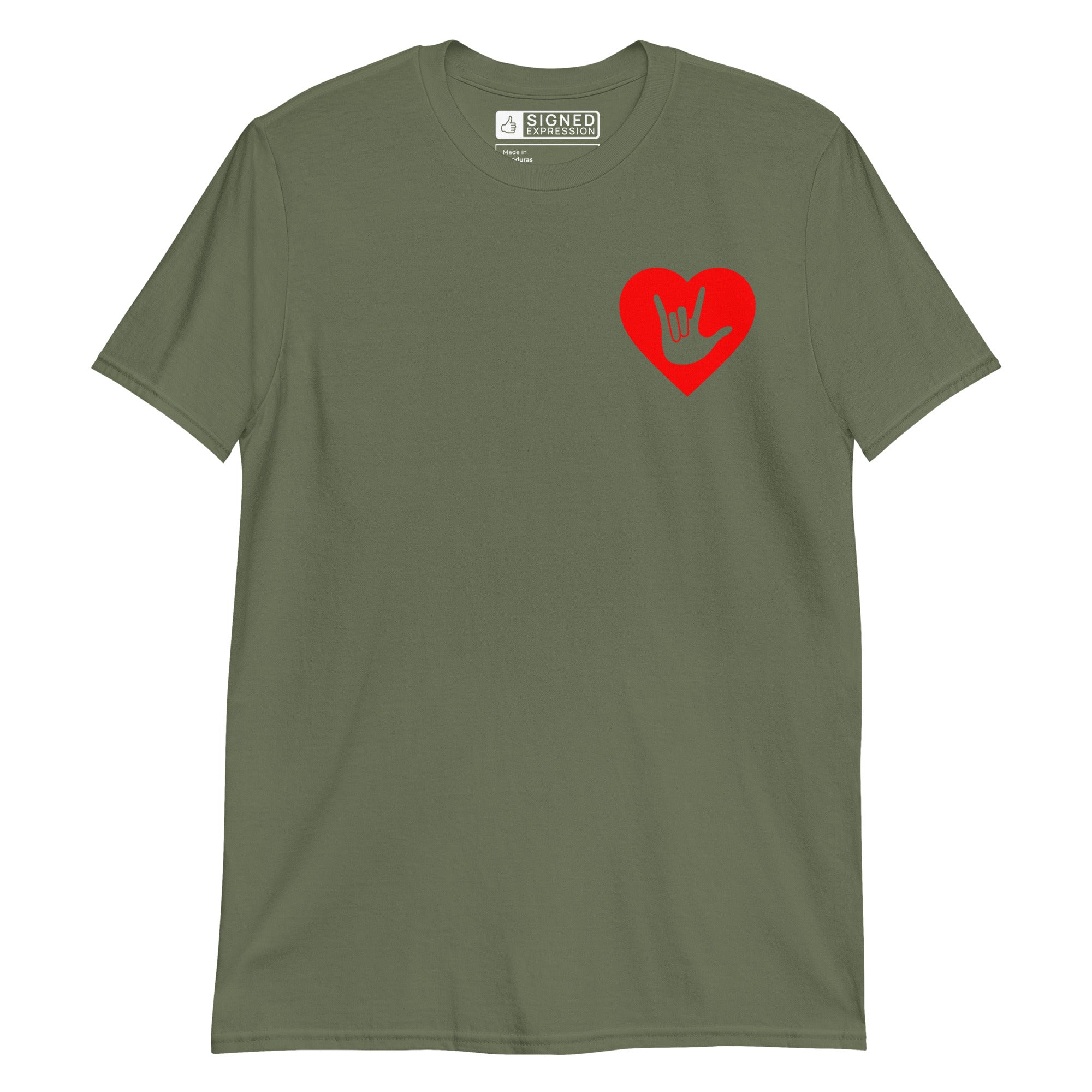 Military green coloured T-Shirt showing a red coloured heart and the iconic ASL I Love You sign embedded in it on the left side of the chest
