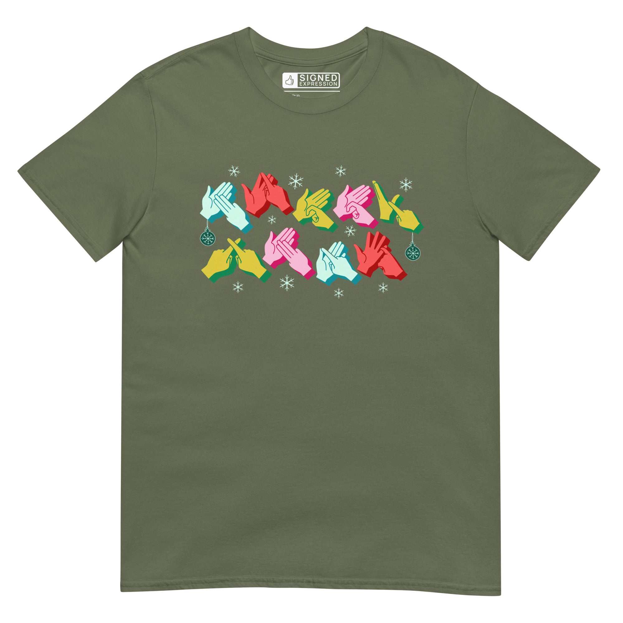 Military green coloured Merry Christmas t-shirt with snowflakes and BSL design.