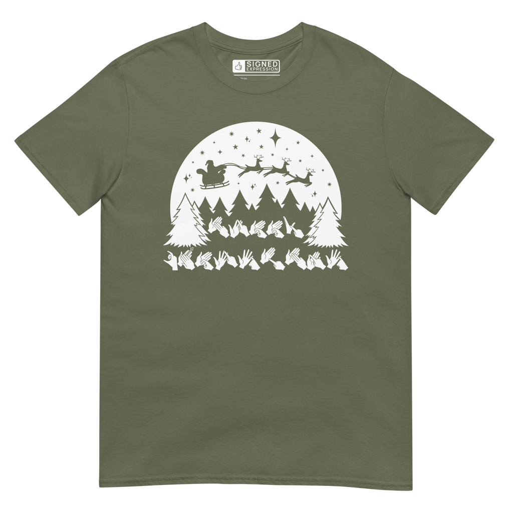 Military green coloured Santa's sleigh t-shirt with BSL design.