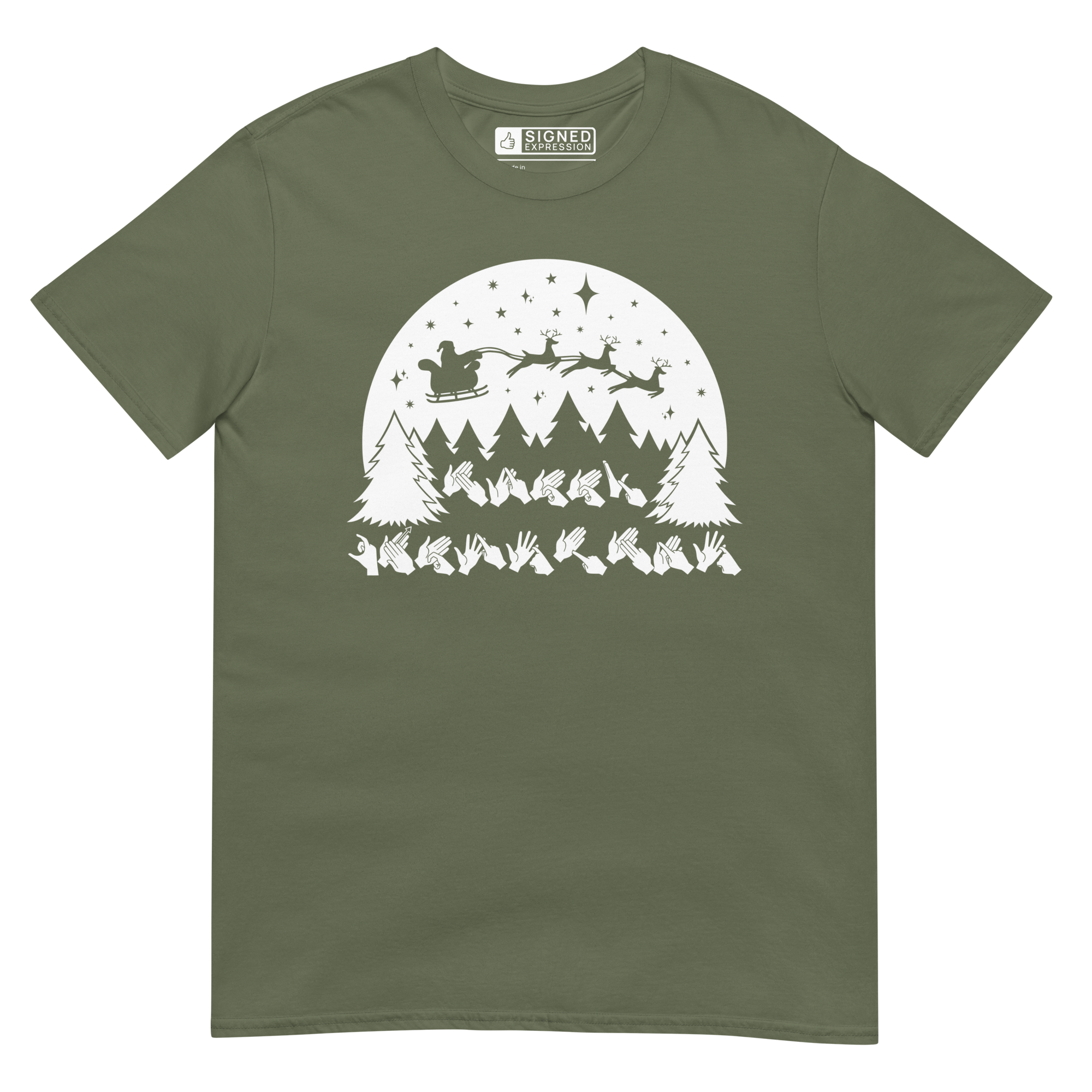 Military green coloured Santa's sleigh t-shirt with BSL design.