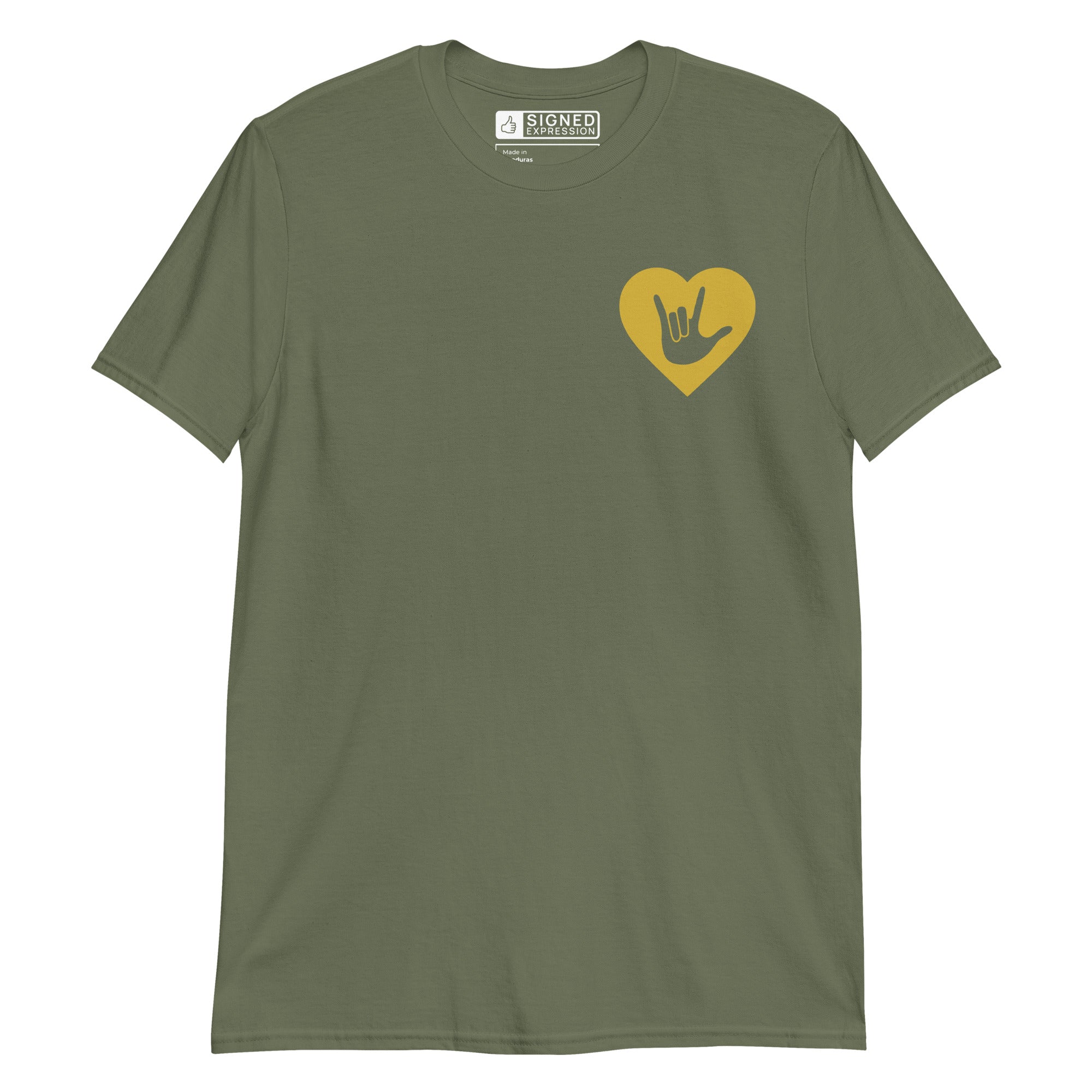 Military green colored T-Shirt showing a gold coloured heart and the iconic ASL I Love You sign embedded in it on the left side of the chest