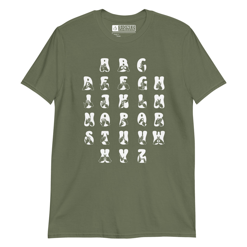 Front view of a military green t-shirt with BSL Alphabet - White Fingerspelling & Text