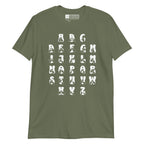 Front view of a military green t-shirt with BSL Alphabet - White Fingerspelling & Text