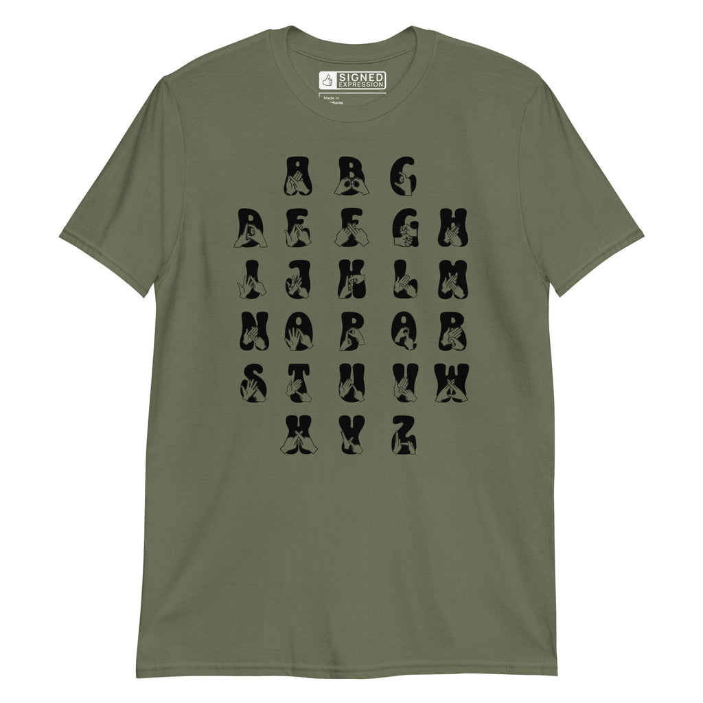 Front view of a military green t-shirt with BSL Alphabet - Black Fingerspelling & Text