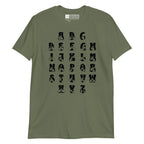Front view of a military green t-shirt with BSL Alphabet - Black Fingerspelling & Text