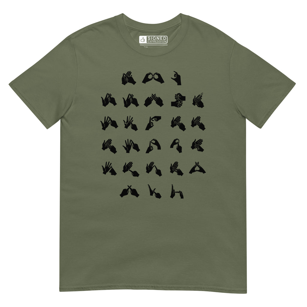 Front view of a military green t-shirt with BSL Alphabet - Black Fingerspelling
