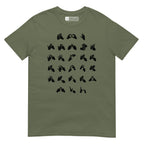 Front view of a military green t-shirt with BSL Alphabet - Black Fingerspelling