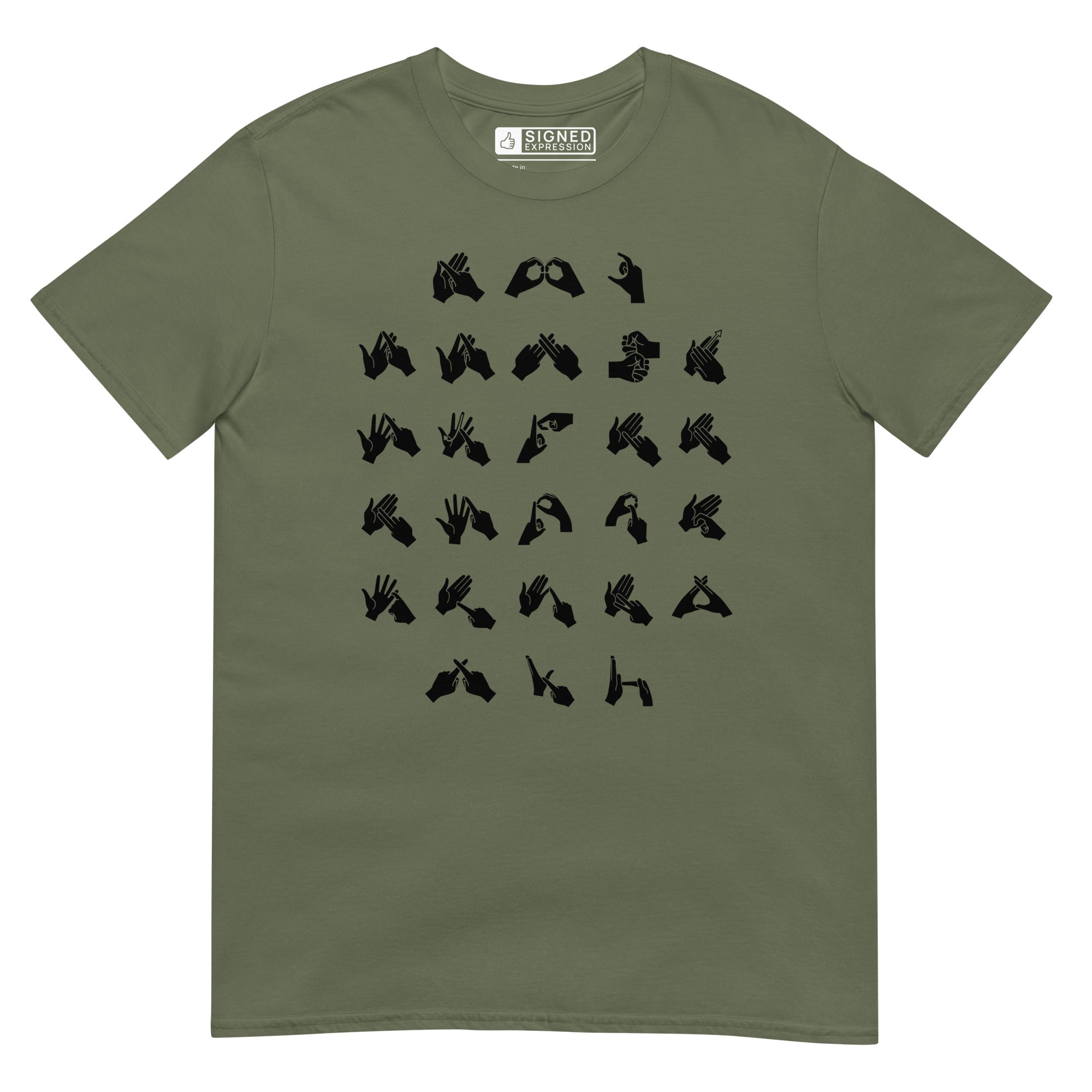 Front view of a military green t-shirt with BSL Alphabet - Black Fingerspelling
