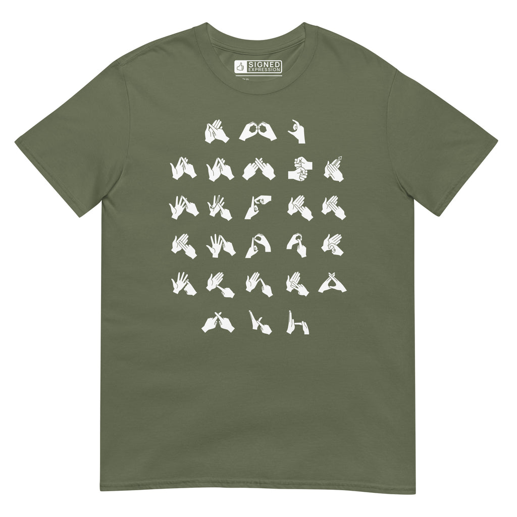 Front view of a military green t-shirt with BSL Alphabet - White Fingerspelling