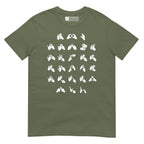 Front view of a military green t-shirt with BSL Alphabet - White Fingerspelling