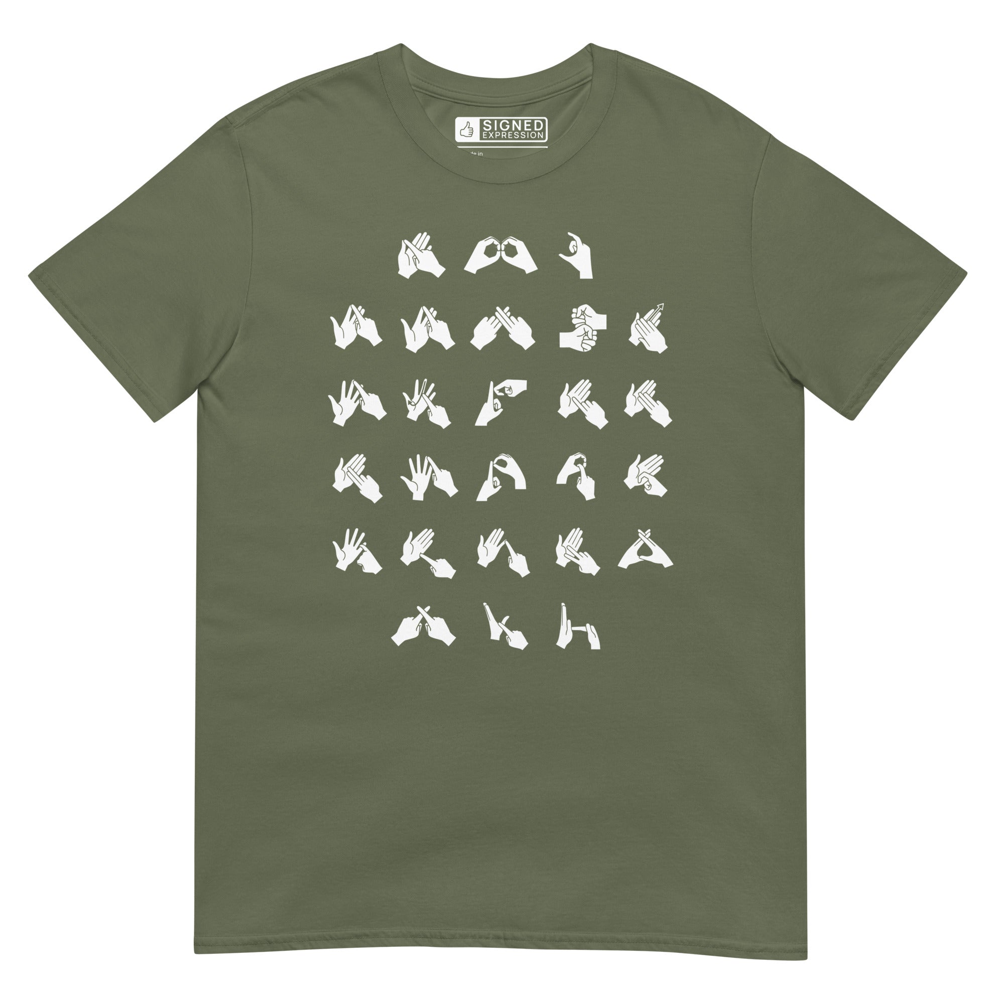Front view of a military green t-shirt with BSL Alphabet - White Fingerspelling
