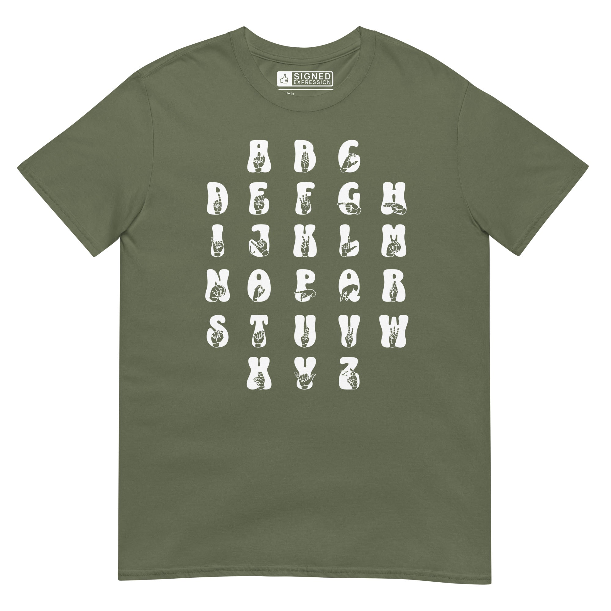 Front view of a military green t-shirt with ASL Alphabet - White Fingerspelling & Text