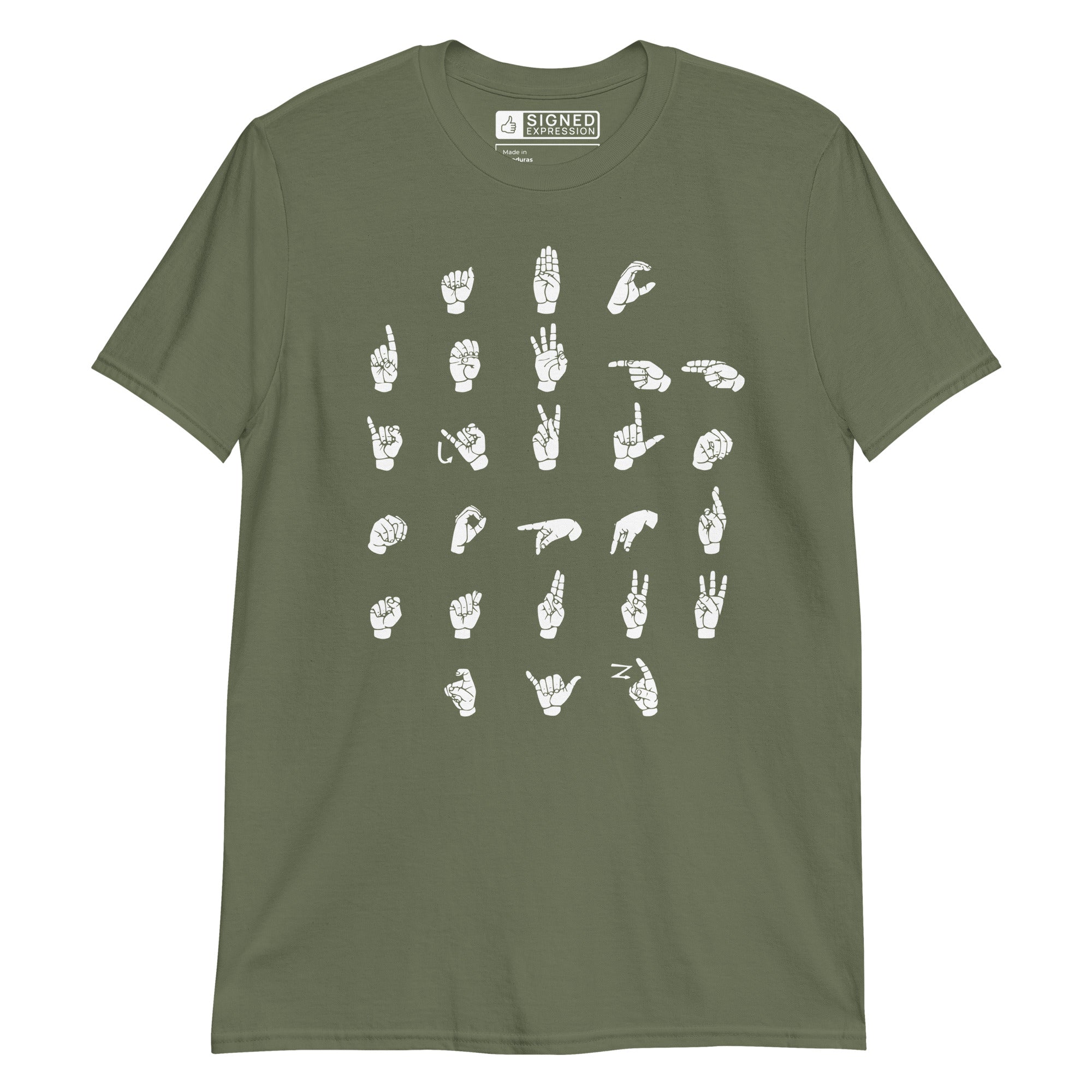 Front view of a military green t-shirt with ASL Alphabet - White Fingerspelling