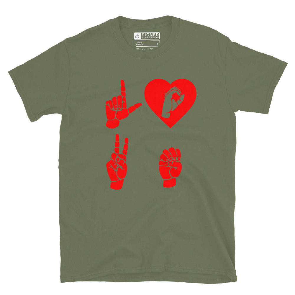 Military green coloured  T-Shirt with the word Love in red ASL Fingerspelling with the 'O' embedded in a heart shape