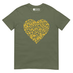 Military green coloured T-Shirt showing a gold coloured heart shaped mosaic formed from smaller love hearts, BSL fingerspelling that spells LOVE, and heart shapes embedded with the BSL sign for love