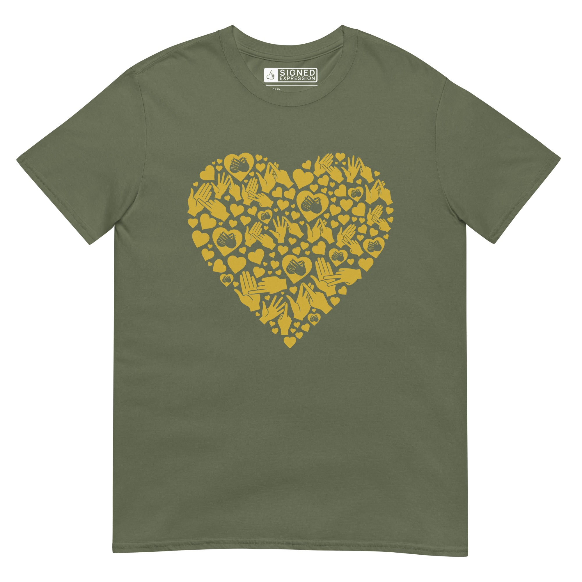 Military green coloured T-Shirt showing a gold coloured heart shaped mosaic formed from smaller love hearts, BSL fingerspelling that spells LOVE, and heart shapes embedded with the BSL sign for love