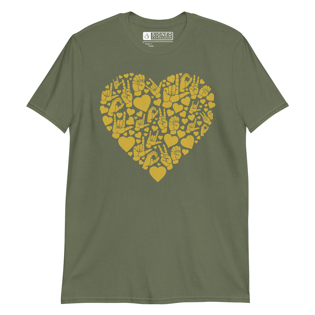 Military green colored T-Shirt showing a gold colored heart shaped mosaic formed from smaller love hearts, ASL fingerspelling that spells LOVE, and the ASL sign for I love you