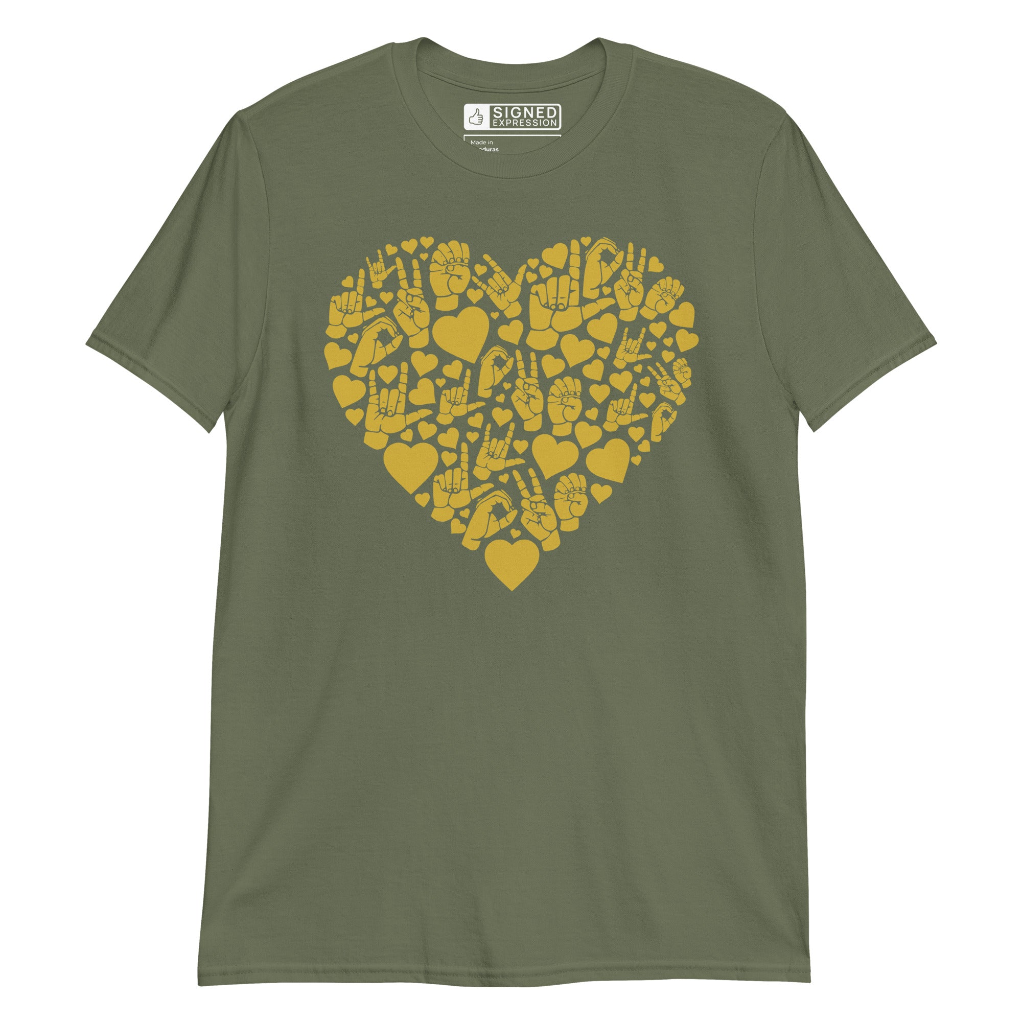 Military green colored T-Shirt showing a gold colored heart shaped mosaic formed from smaller love hearts, ASL fingerspelling that spells LOVE, and the ASL sign for I love you