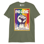 Military green t-shirt with pride solidarity design with BSL fingerspelling font