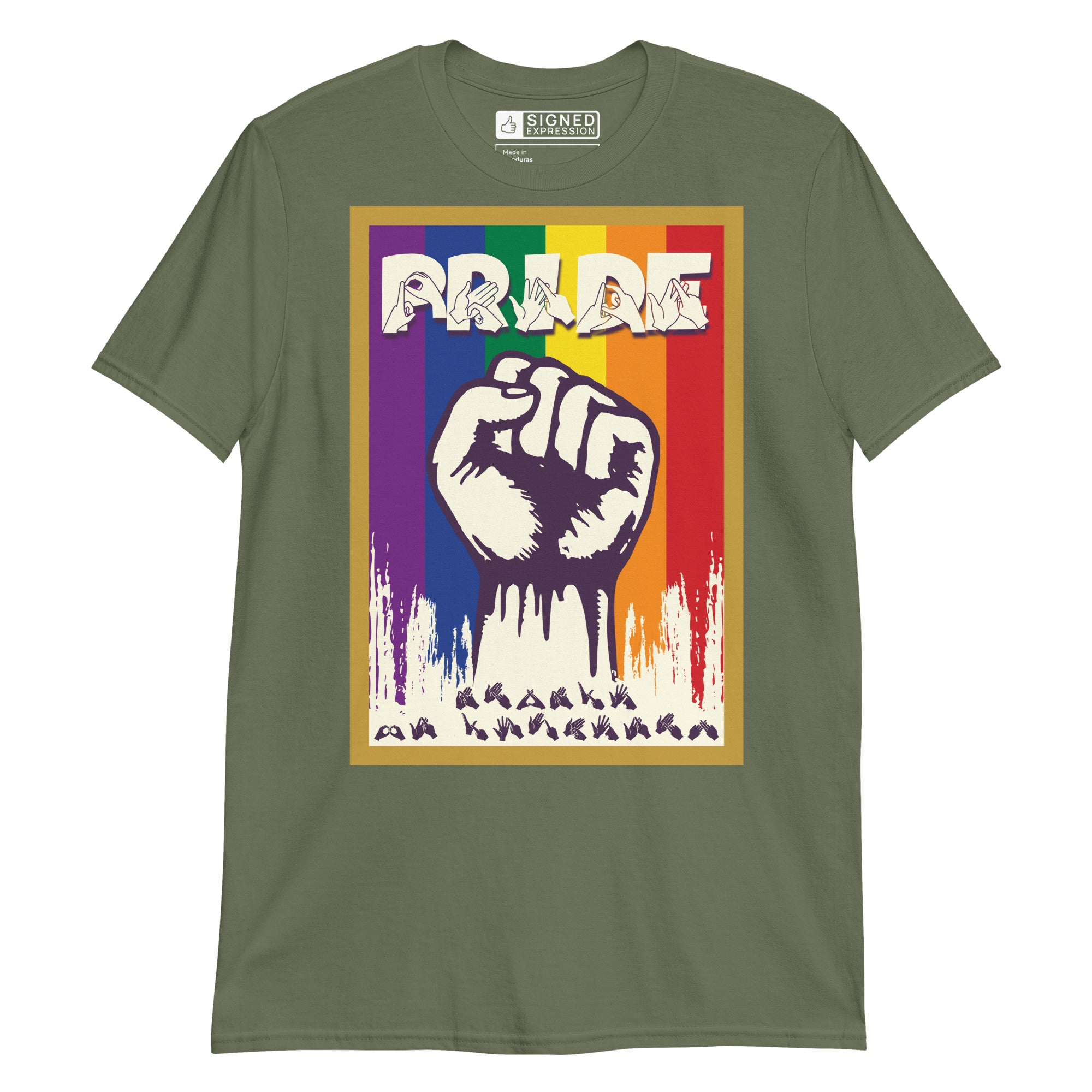 Military green t-shirt with pride solidarity design with BSL fingerspelling font