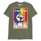 Military green t-shirt with pride solidarity design with BSL fingerspelling