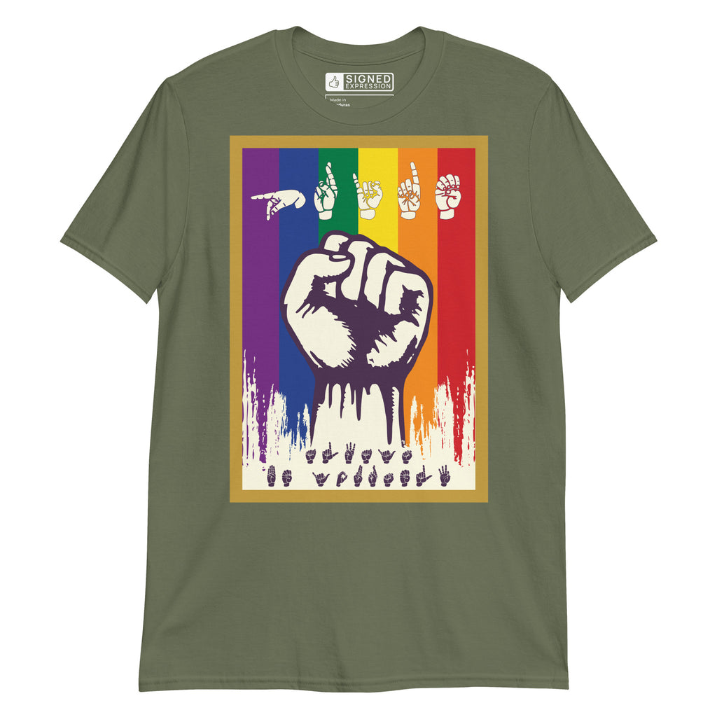 Military green t-shirt with pride solidarity design with ASL fingerspelling