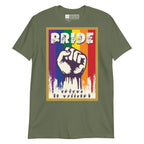 Military green t-shirt with pride solidarity design with ASL fingerspelling font