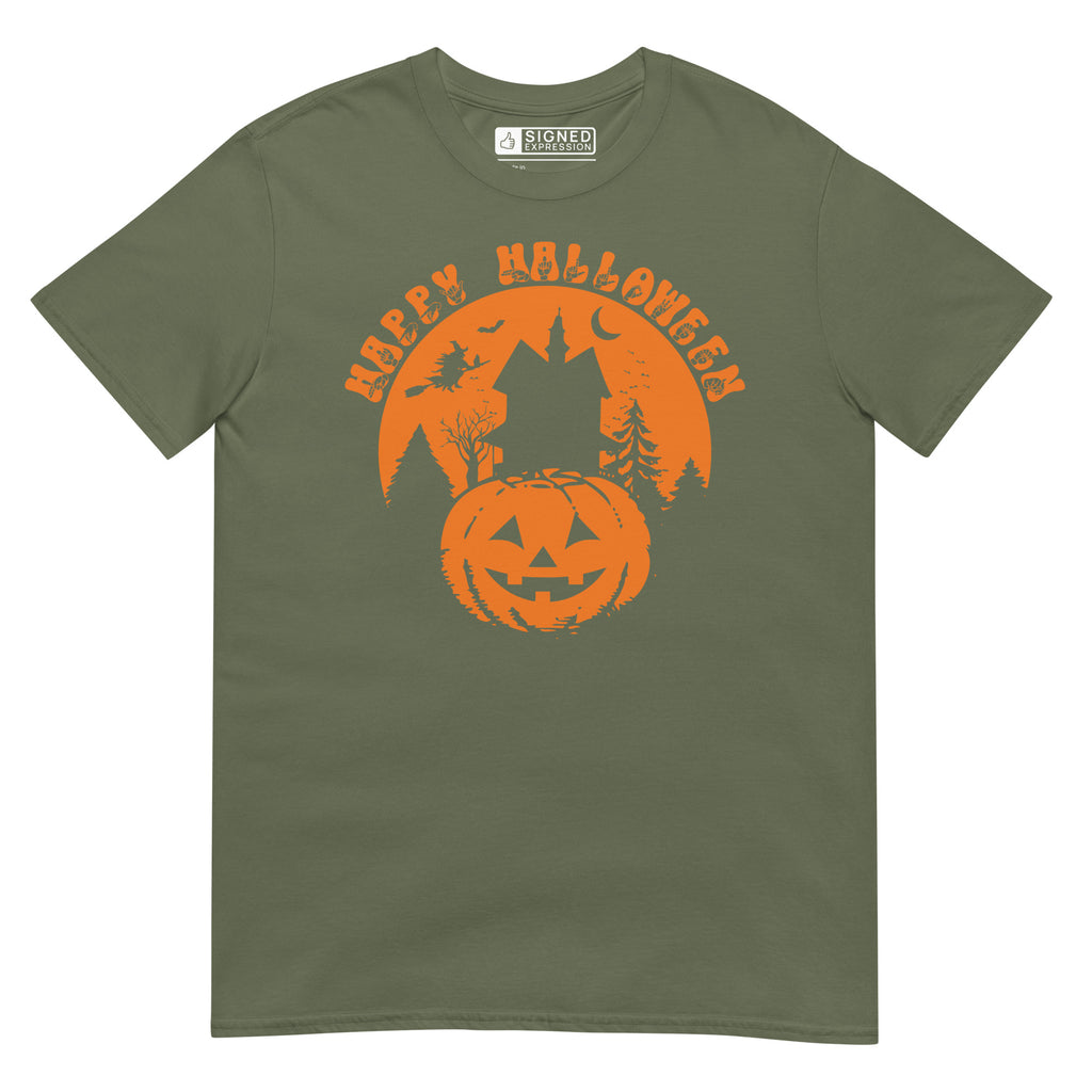 Military green Happy Halloween pumpkin haunted house t-shirt with ASL design