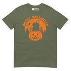 Military green Happy Halloween pumpkin haunted house t-shirt with ASL design