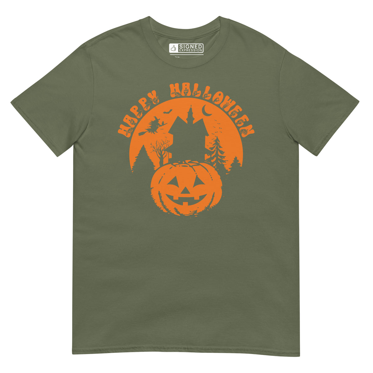 Military green Happy Halloween pumpkin haunted house t-shirt with ASL design