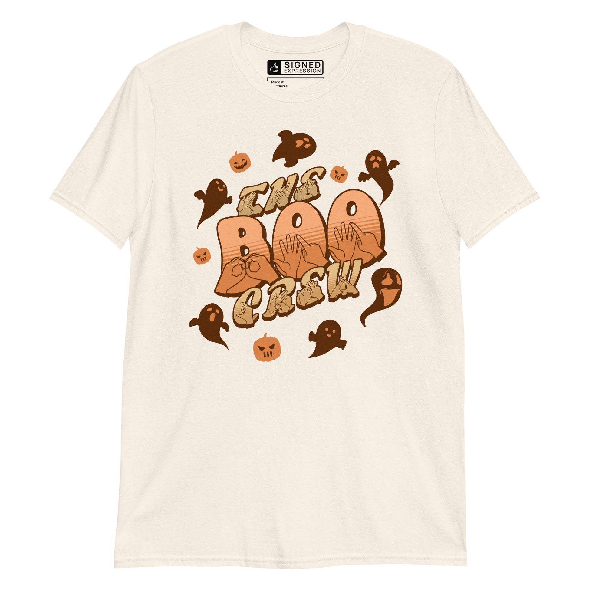 Natural coloured kids Boo Crew Halloween t-shirt with pumpkins, ghosts, and BSL design.