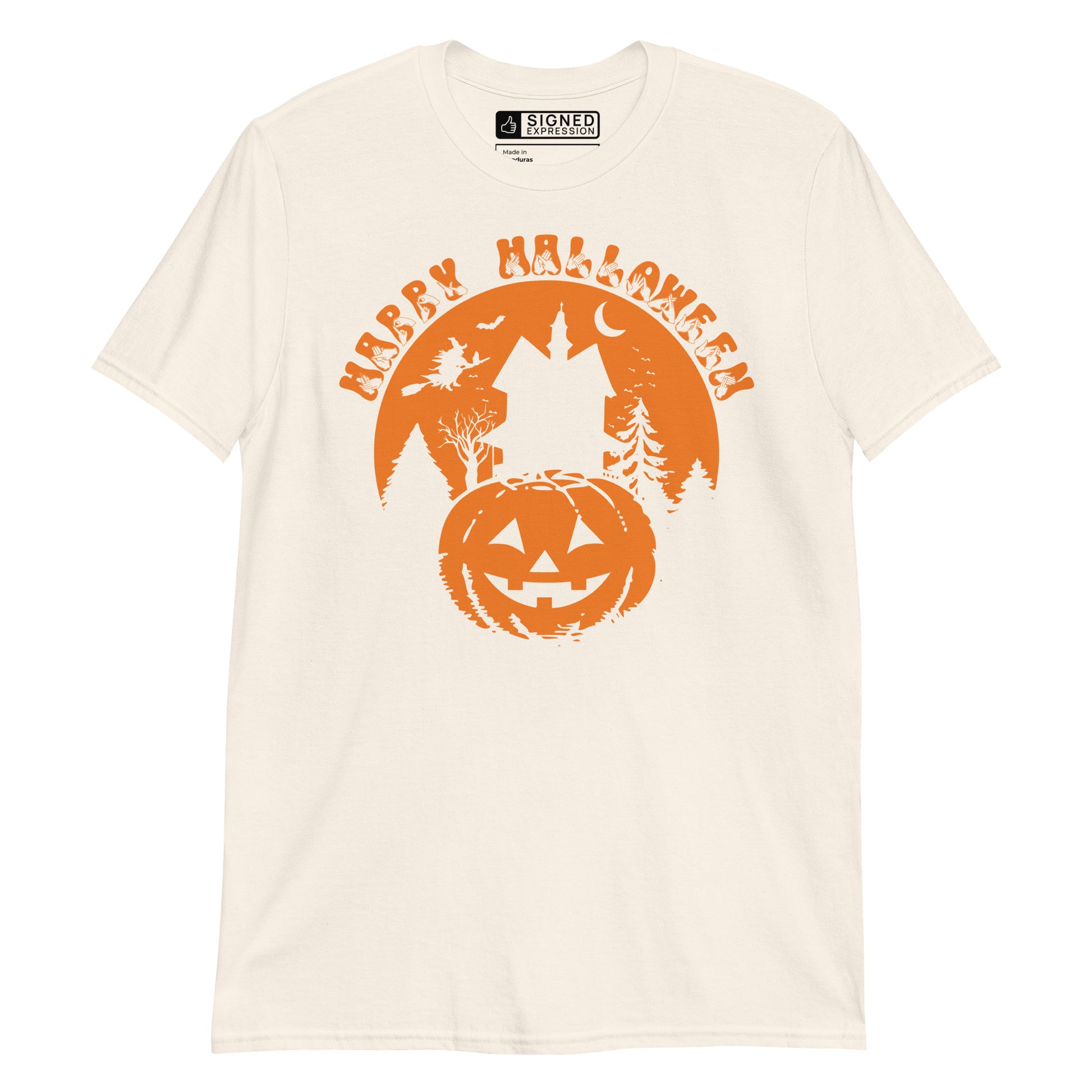 Natural coloured kids Happy Halloween pumpkin haunted house t-shirt with BSL design.