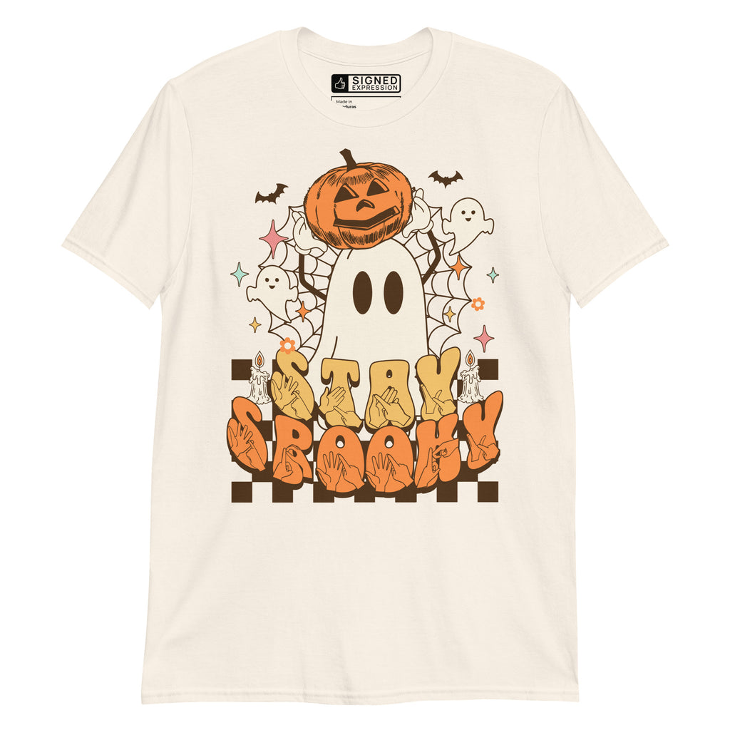 Natural coloured kids Stay Spooky ghost pumpkin Halloween t-shirt with BSL design.