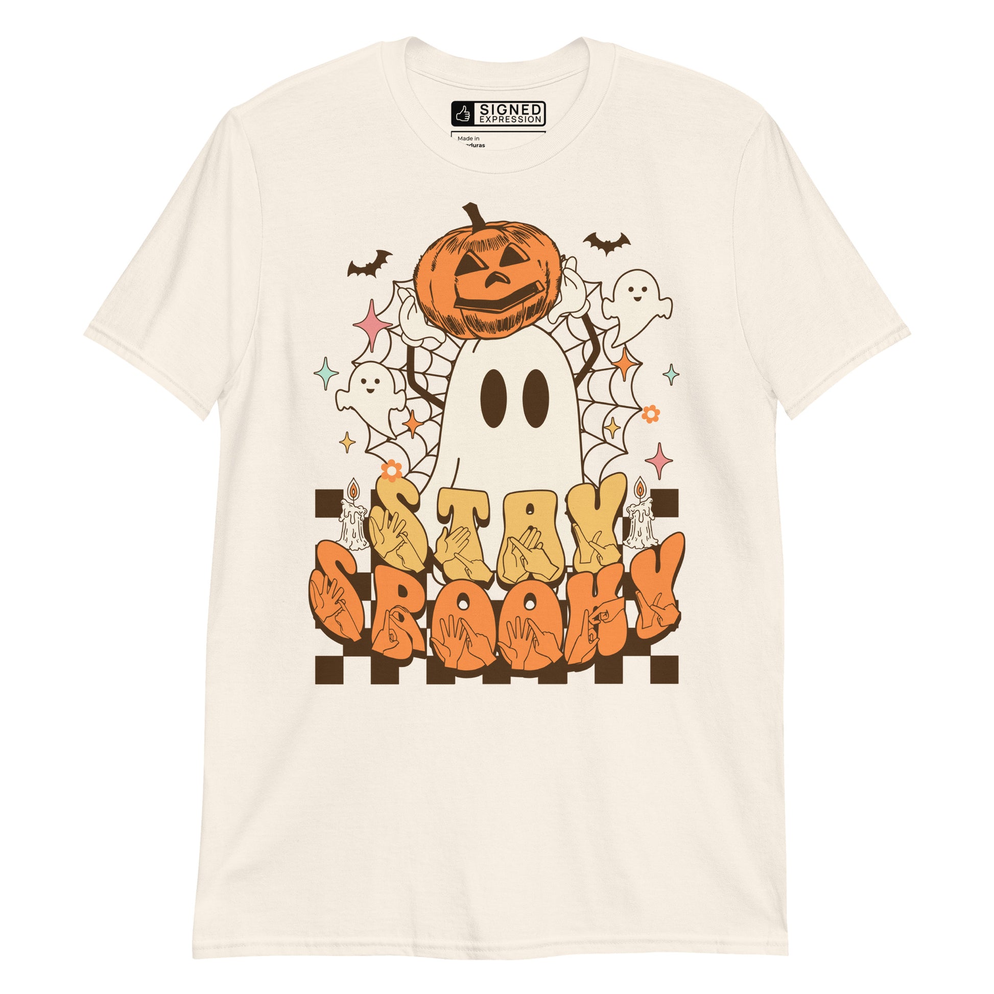 Natural coloured kids Stay Spooky ghost pumpkin Halloween t-shirt with BSL design.