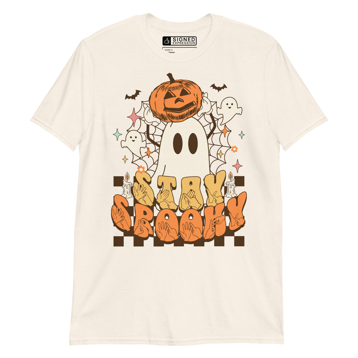 Natural Stay Spooky ghost pumpkin Halloween t-shirt with BSL design.