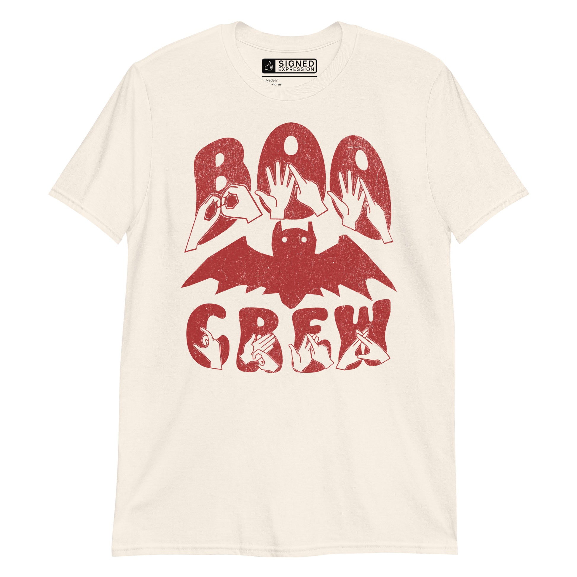 Natural coloured kids Boo Crew bat Halloween t-shirt with BSL design.