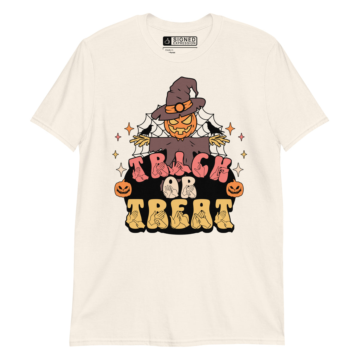 Natural coloured Halloween scarecrow trick or treat t-shirt with BSL design.