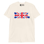Natural t-shirt with ‘BSL’ shown in British Sign Language fingerspelling and text, in red, white, and blue Union Flag colours