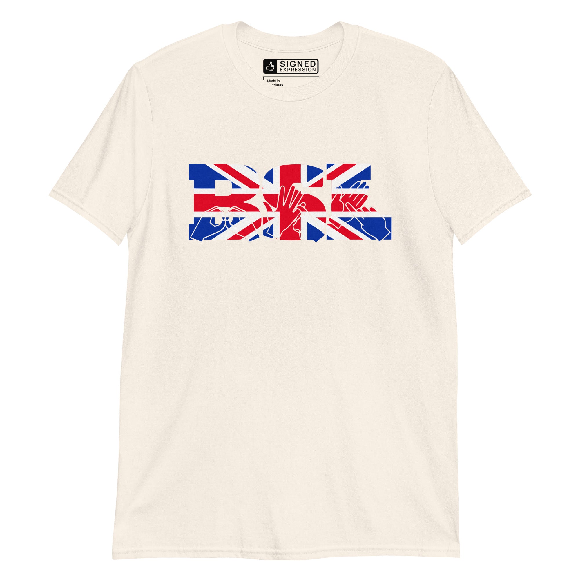 Natural t-shirt with ‘BSL’ shown in British Sign Language fingerspelling and text, in red, white, and blue Union Flag colours
