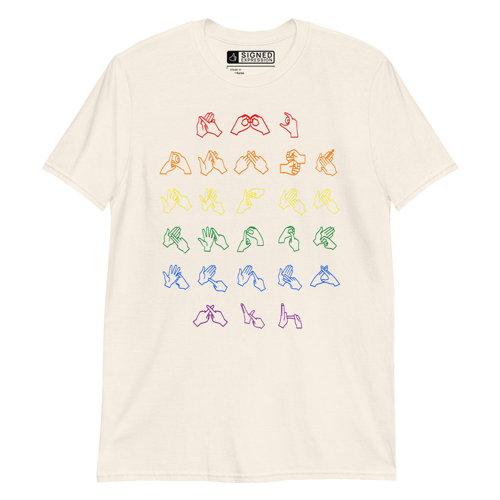 Front view of a natural t-shirt with BSL Alphabet - Pride Fingerspelling