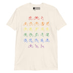 Front view of a natural t-shirt with BSL Alphabet - Pride Fingerspelling