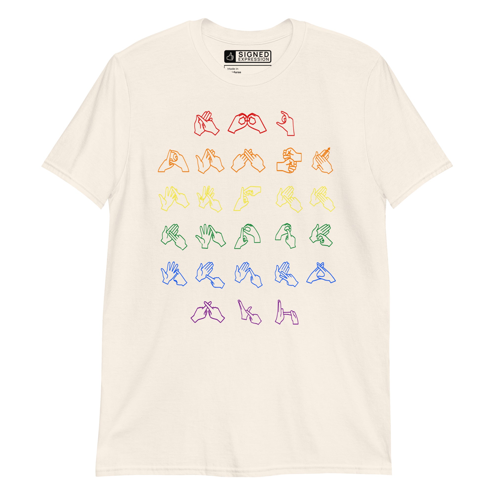 Front view of a natural t-shirt with BSL Alphabet - Pride Fingerspelling