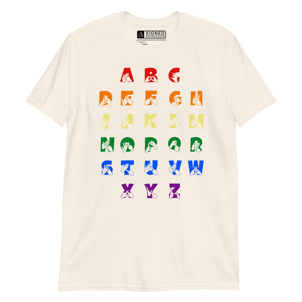 Front view of a natural t-shirt with BSL Alphabet - Pride Fingerspelling & Text