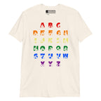 Front view of a natural t-shirt with BSL Alphabet - Pride Fingerspelling & Text