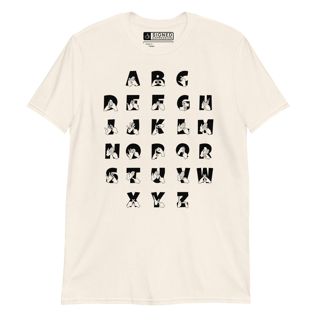 Front view of a natural t-shirt with BSL Alphabet - Black Fingerspelling & Text