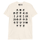 Front view of a natural t-shirt with BSL Alphabet - Black Fingerspelling & Text