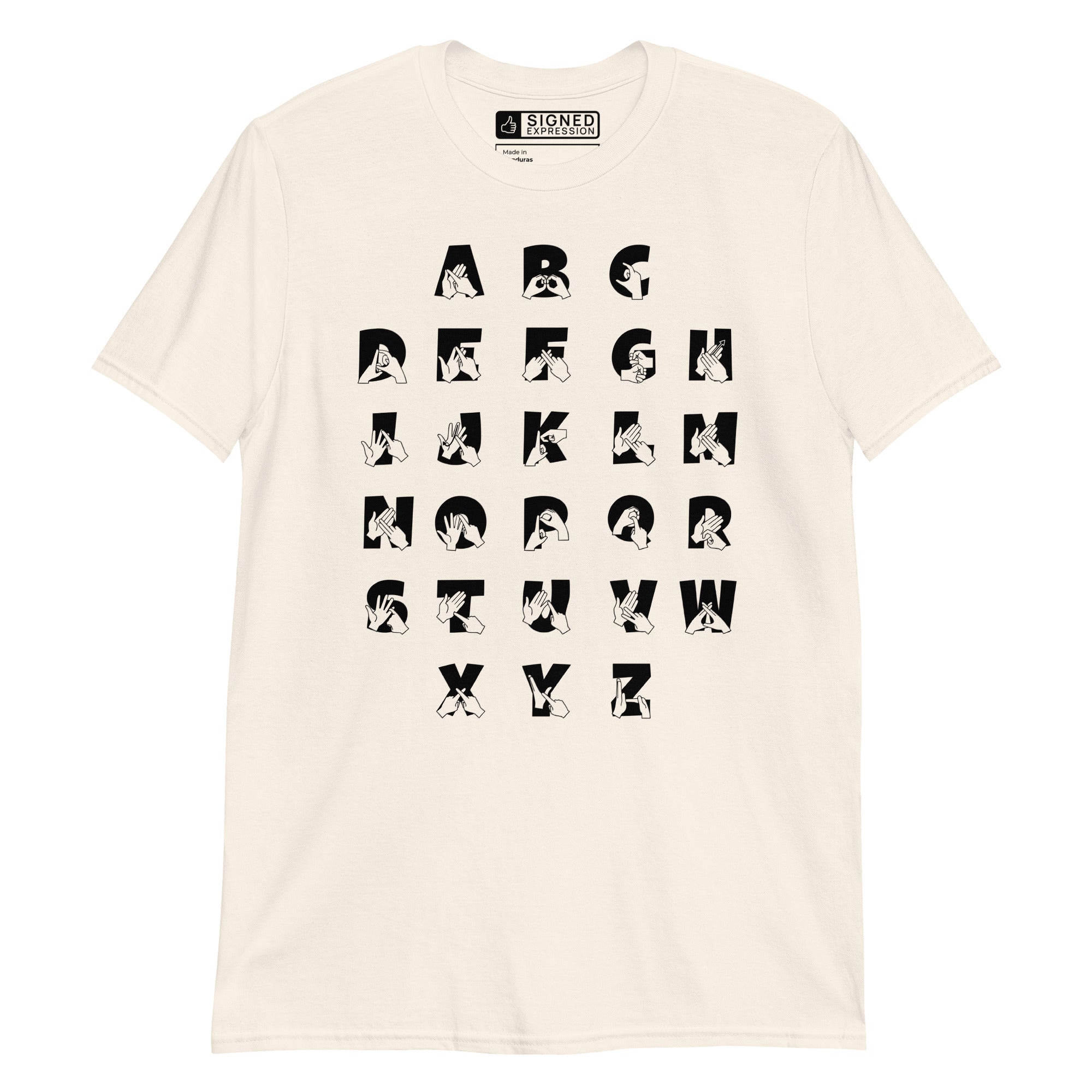 Front view of a natural t-shirt with BSL Alphabet - Black Fingerspelling & Text