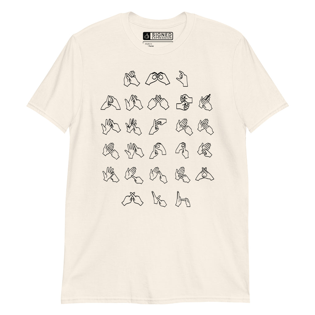 Front view of a natural t-shirt with BSL Alphabet - Black Fingerspelling